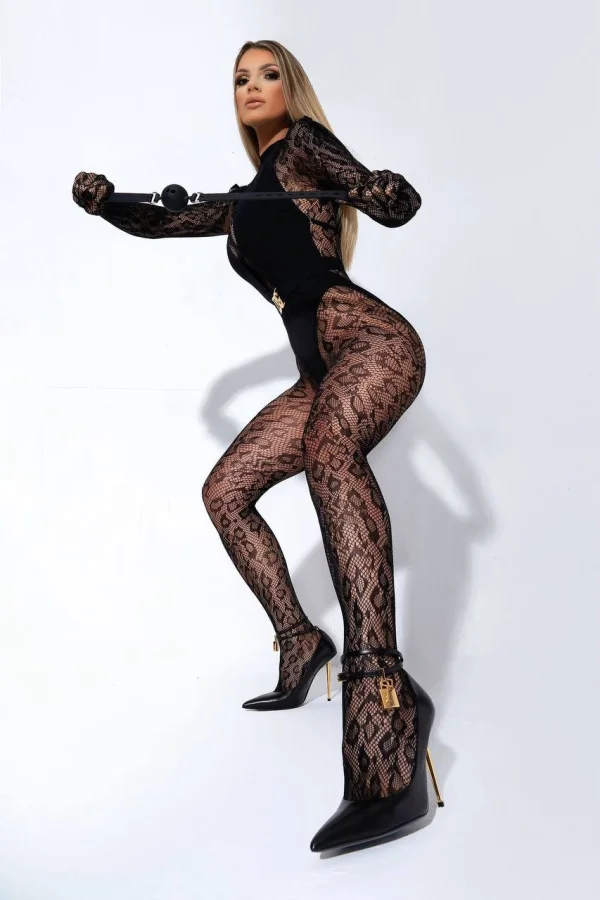 Blonde lady wearing a body stocking 