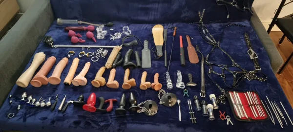 A bed filled with sex toys 